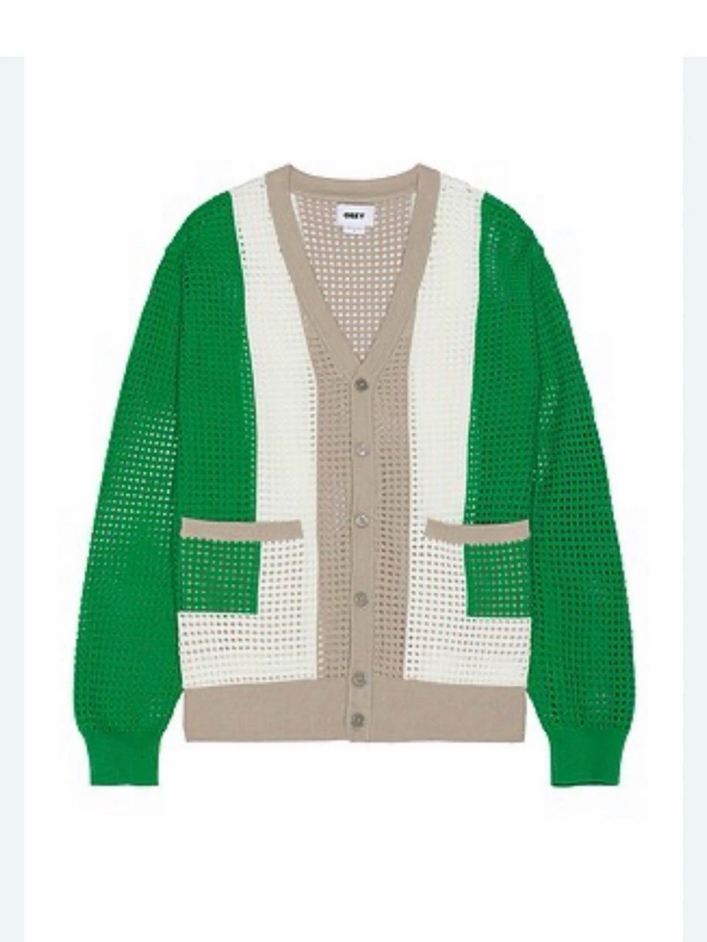 Obey Green, White & Beige Open-Knit Cardigan